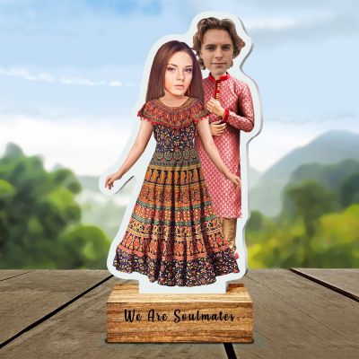 Personalized Indian Wedding Caricature with Wooden Stand