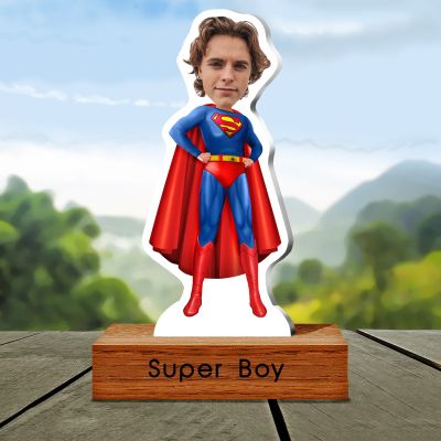 Personalized  Superboy Caricature with Wooden Stand