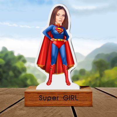 Personalized Supergirl Caricature with Wooden Stand