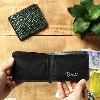 Leaf Green Croc Embossed Personalized Leather Wallet