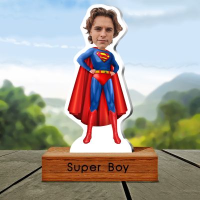Personalized Superboy Caricature with Wooden Stand